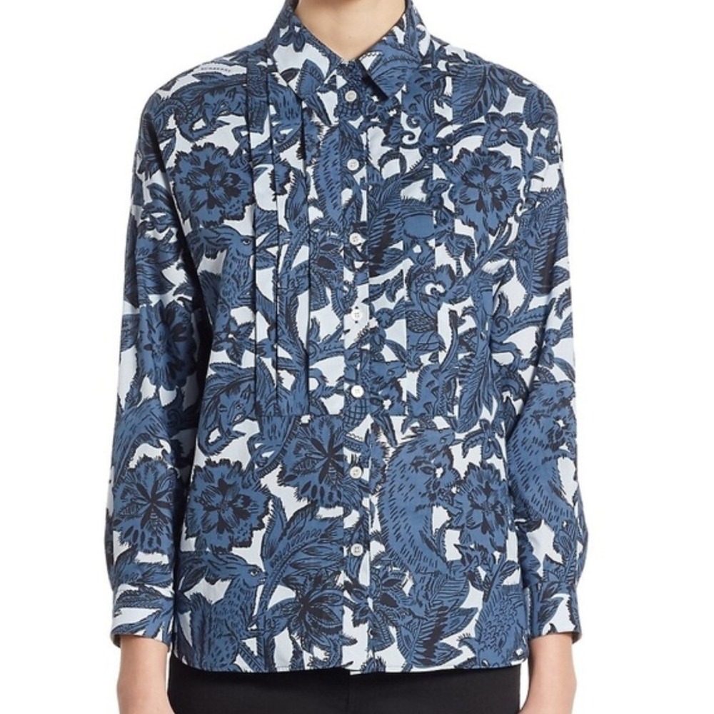 BURBERRY London Posy Bib Button Boyfriend Shirt Top Floral Blue Cotton US 6